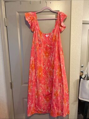 Women’s Bright Pink & Orange Watercolor Sundress with Ruffle Straps